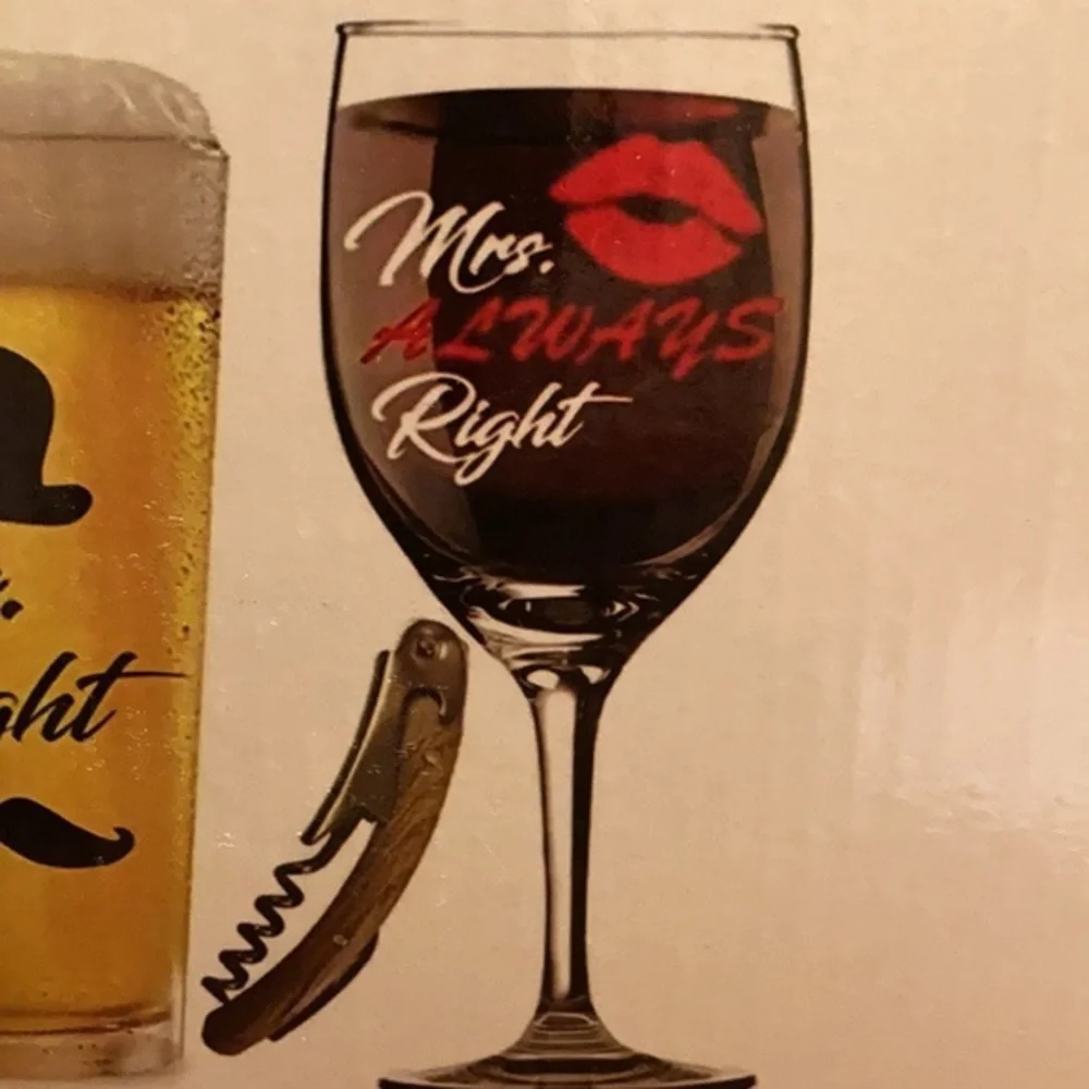 NIB “Mr. Right & Mrs. ALWAYS Right” beer and wine glass-includes bottle opener